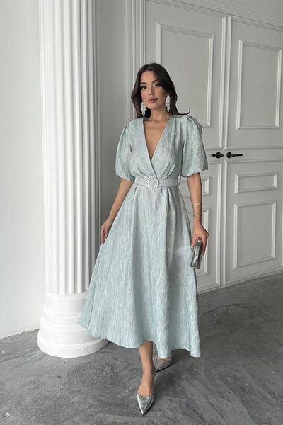 Moda Asmira Mint Sparkling Belted Double Breasted Dress