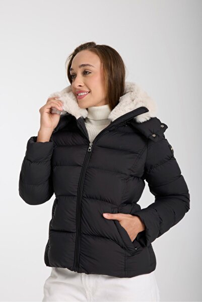 G-FOX Жіноче коротке надувне пальто з плюшевим коміром зі знімним капюшоном з...