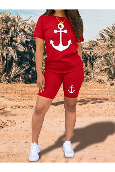 buğrahayalin Women's Short Sleeve Anchor Printed Viscose Double Suit