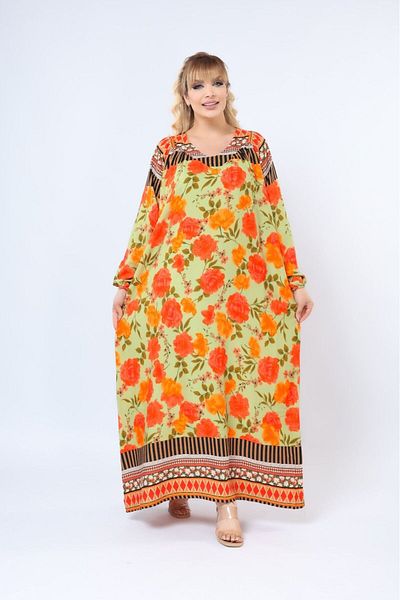 mervemoda Women's Plus Size Printed Summer Woven Long Sleeve Long Length Dress