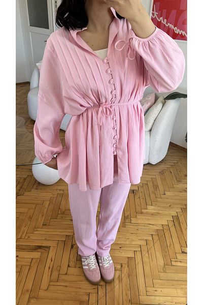 Moda İkra Front Buttoned Tie-Up Shirt Pants Suit
