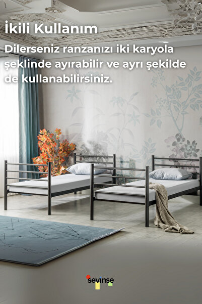 Sevinse Home Ranza, İki Katlı Ranza, Metal Ranza, Ayrılabilir Ferforje Metal Ranza, 90x190 cm Siyah