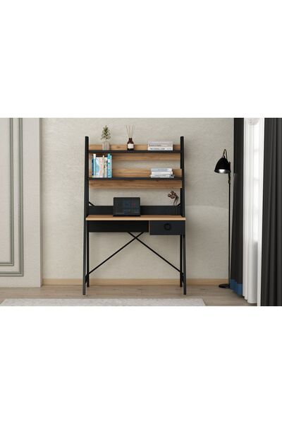 AYMOBSAN Flora Çalışma Masası , Metal Ayaklı Çalışma Masası, Raflı Çalışma Masası, Atlantik Çam-siyah