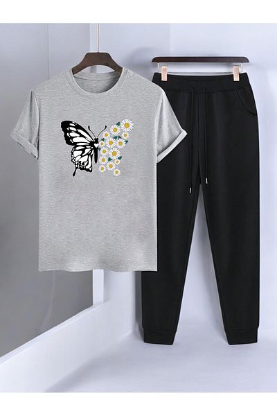 uyguntarz 2-teiliges Trainingsanzug-Set mit Gänseblümchen-Schmetterlings-Aufdruck