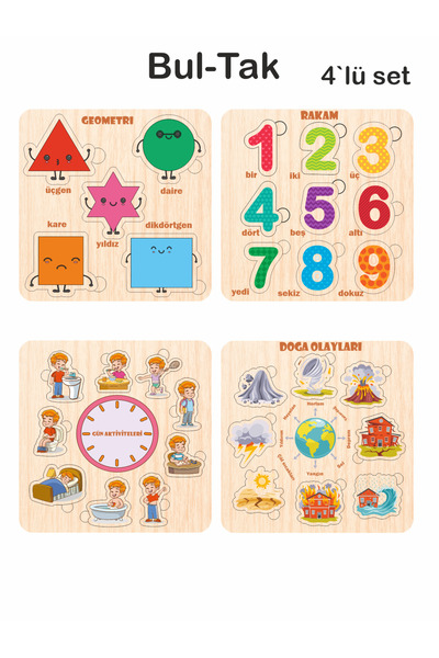 ASE DİZAYN Ahşap Çocuk puzzle Eğitici ve Öğretici Bul-Tak 4 adet