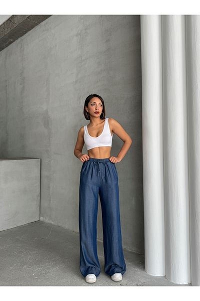Miss Prova Waist Tied Detailed Double Pocket Blue Loose Denim Trousers Misspnt8985