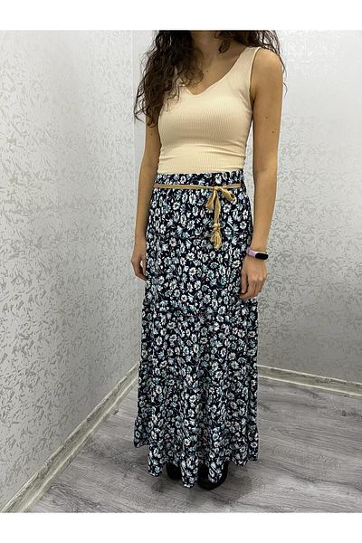 520CK Women's Blue Floral Patterned Long Skirt with Elastic Waist