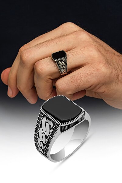 ALYANSEVİM Akik Taşlı Kare Gurmet Model 925 Erkek Gümüş Yüzük