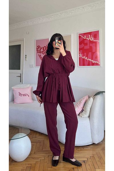 Moda İkra Front Buttoned Tie-Up Shirt Pants Suit
