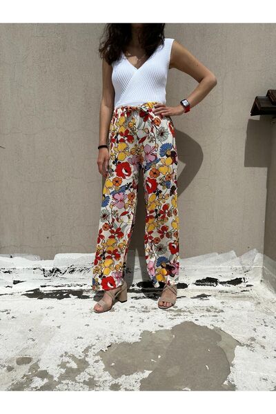 520CK Floral Patterned Wide Leg Viscose Women's Summer Trousers - Plaszo