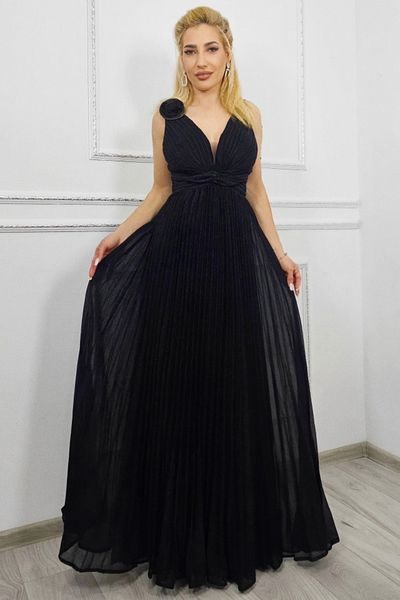 FashionForYou AZARIA event dress, with floral detail and empire cut, Black, M