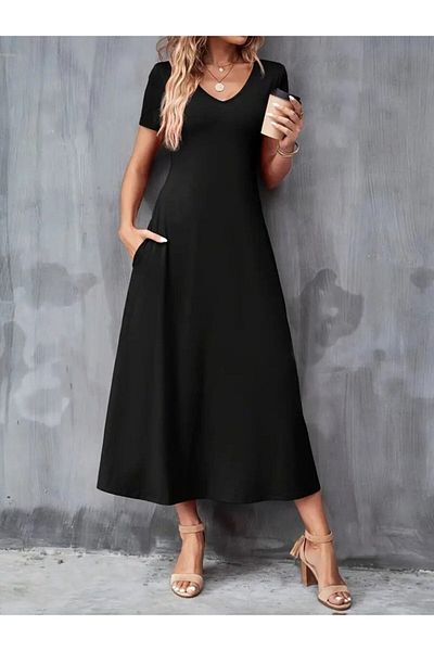 modaserdem Women's Short Sleeve V-Neck Viscose Dress with Pockets