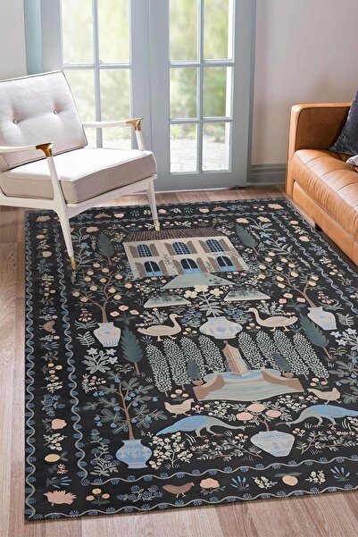 Markaev Siyah Üstüne Ev ve Doğa Desen Dijital Baskılı Kaymaz Zenit Halı ZNTKLM
