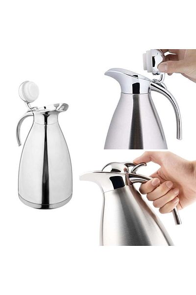 PUFO Carafă din oțel inoxidabil pentru băuturi calde, ceai, cafea, 2 l, argintiu