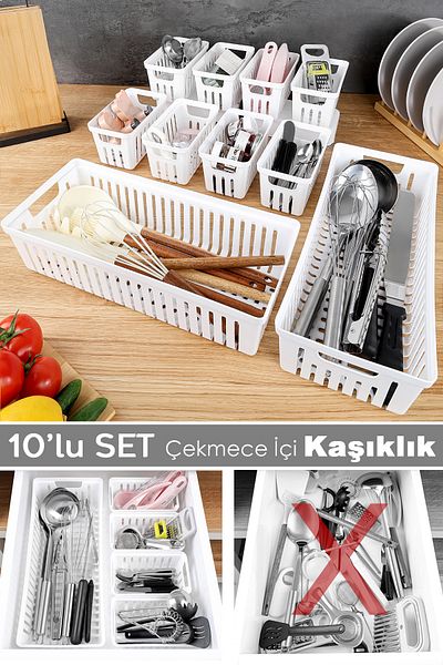 Meleni Home Σετ αρθρωτών μαχαιροπήρουνων 10 τεμαχίων - Συρταριέρα πολλαπλών χρήσεων Organizer κουζίνας Κουτάλα λευκό
