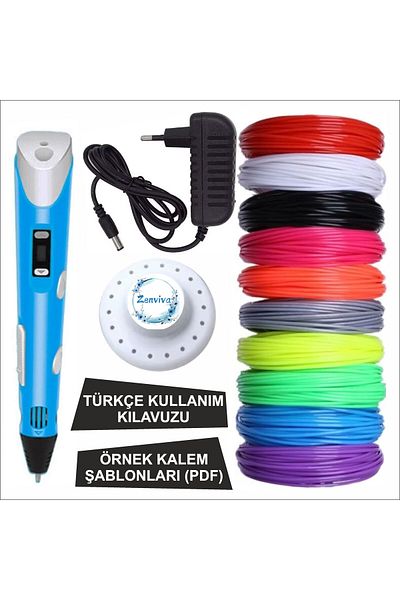 ZENVİVA Blue Color 3D Pen + 10 Colors Total 100 Meters Pla Filament + Template