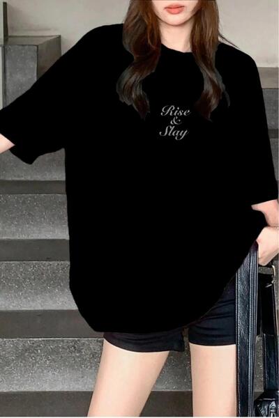 NO 601 Γυναικείο μπλουζάκι με στάμπα με φαρδιά εφαρμογή Black Rise&slay Glitter