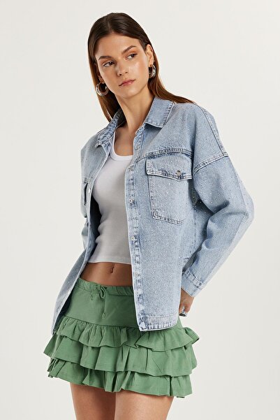 Tudors Kadın Regular Fit Uzun Kollu Çift Cepli Taş Detaylı Jean Gömlek