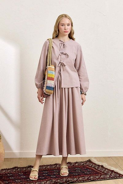 Ceylan Otantik Σετ μπλούζα από οργανικό λινό Dusty Rose με τρία φιόγκους & φούστα με μπαλόνι