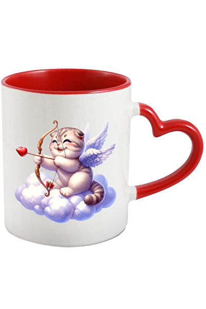 StoryGift Romania Cana Cu O Pisicuta Vesela Si Grasuta | Ilustratie | Trage Cu Arcul | Cupidon | S, Cu Maner Inim Stg