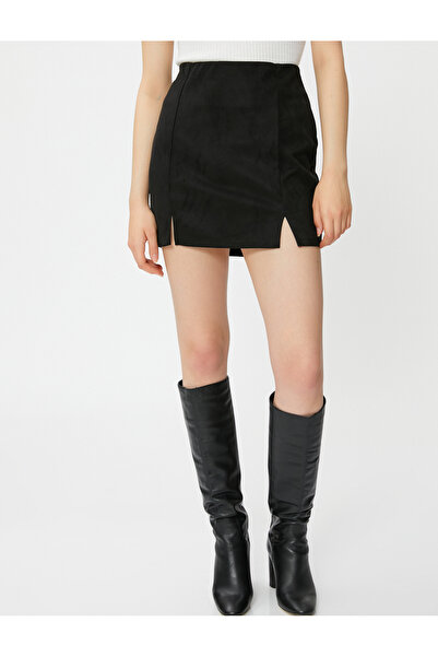 Koton Süet Görünümlü Mini Etek Yırtmaç Detaylı