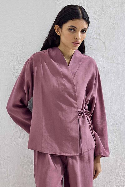 Hooopstore Σετ κιμονό Lyocell Cupra Plum με λεπτομέρεια με κορδόνια