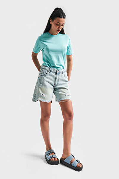 its basic Pantaloni scurți din denim 100% bumbac, cu detaliu rupt, lungime midi, culoare G.Kot, 12s5-80