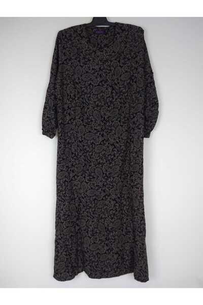 YAŞAR TRİKO Γυναικείο καφέ πεντάγωνο γιακά μακρυμάνικο μανίκι καρπό ελαστικό καλοκαιρινό μακρύ φόρεμα βισκόζης 2 εκ. προσελκύει το νερό