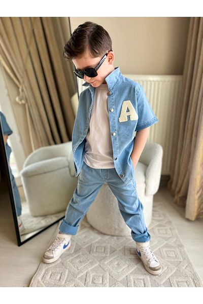 MİNİKO KİDS BĂIAT UN TRIUC BRODAT PANTALON JEANS CU CAMĂȘĂ JEANS 3 PIESE