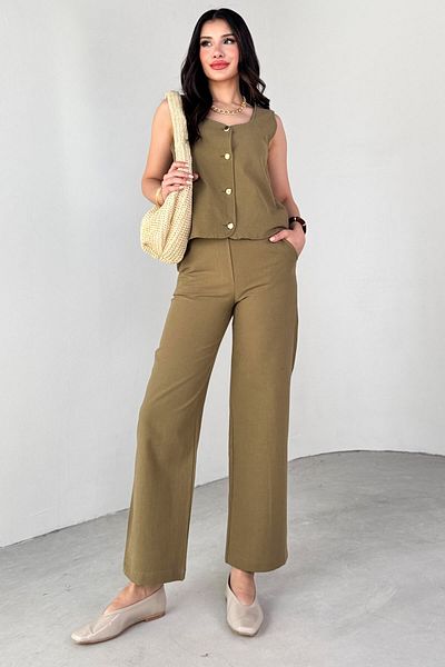 Cappmoda TKM-13292 سترة كاكي ذهبية بأزرار جانبية وسحاب جانبي وبنطلون بأرجل أنبوبية طقم مكون من قطعتين