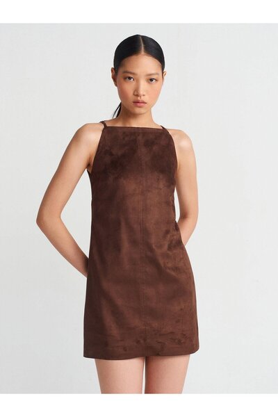 Dilvin 90909 Μίνι σουέτ φόρεμα με τιράντες - καφέ