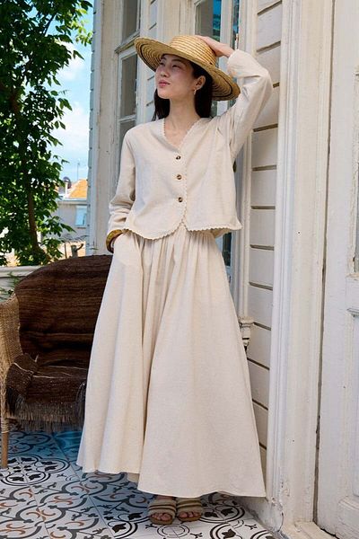 Ceylan Otantik Organic Linen Lace Detail Jacket & Balloon Skirt Set