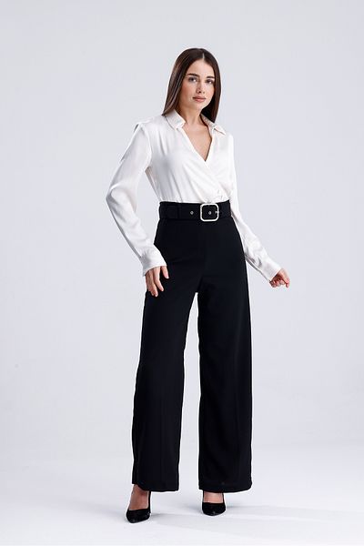 macharel jeans High Waist Belted Black Palazzo Women's Trousers - Wide Leg