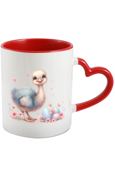 StoryGift Romania Cana Cu Un Pui De Strut | Ilustratie | Veselie | Inimioare | Fluturasi | Oua Vop, Cu Maner Inim Stg