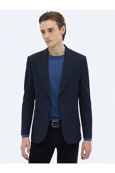Kip Navy Blue Striped Comfort Fit Double Slit Bag Pocket Double Breasted Collar 6 Drop Blazer Jacket