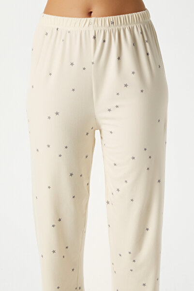 Ritnice Kadın Star Yumuşak Doku Tereyağ Sarısı Yıldızlı Ön Düğmeli Kısa Kollu Pijama Takımı