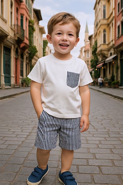 HÇM Boy's Shorts Suit with Striped Pocket Detail E15