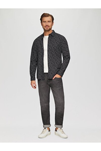 s.Oliver Men's long-sleeved shirt, Slim fit cut and moon phase print, Black, XL