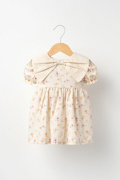 Banamio Clementine Baby Girl Kids Bow Collar Smocking Sleeve Lined Linen Dress