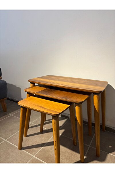 NETPLUSMOBİLYA 3LÜ CEVİZ ZİGON SEHPA CİLALI MDF AĞAÇ AYAK