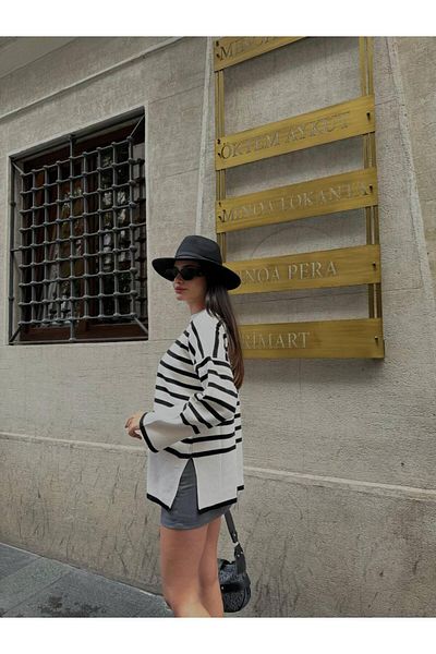 NZL TEKSTİL Specially Tunic for Striped Slitted Turtleneck