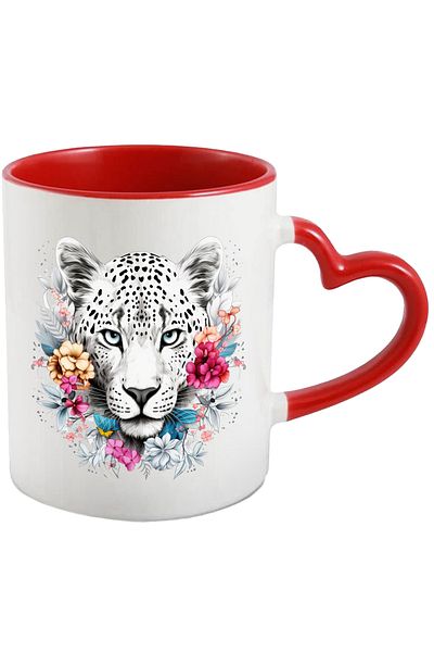 StoryGift Romania Mug with a white tiger | illustration | abstract | endangered | flowers | n, With Heart Handle