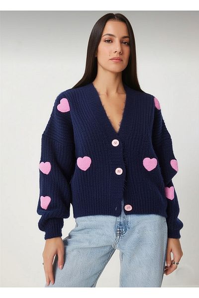 FLEX FASHION Heart Embroidery Detailed Oversize Women's Knitwear Cardigan Navy Blue
