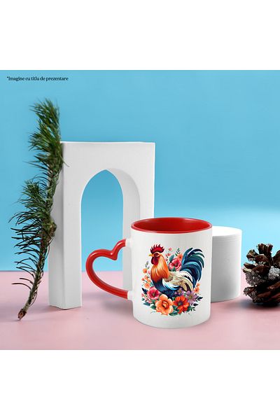 StoryGift Romania Mug with a rooster that has many flowers around it | nature | plants | bird | 330ml, With Heart Handle STG