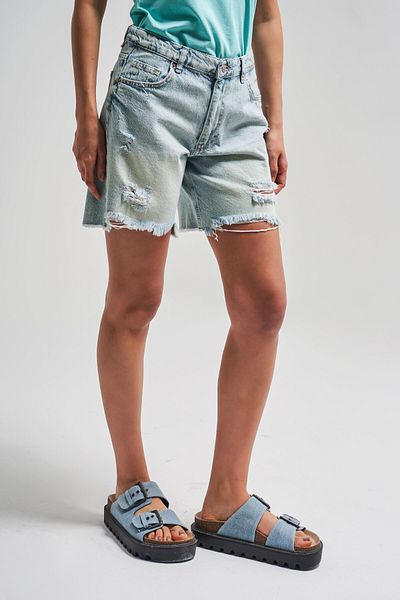 its basic Women's G.Kot Color 12S5-80 Midi Length Ripped Detailed 100% Cotton Denim Shorts
