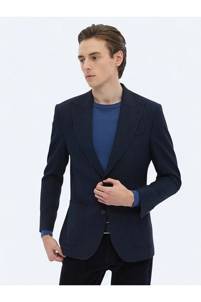 Kip Navy Blue Striped Comfort Fit Double Slit Bag Pocket Double Breasted Collar 6 Drop Blazer Jacket