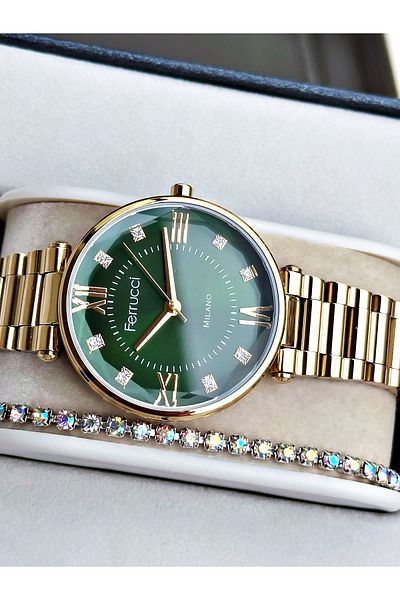 Ferrucci Gold Color Roman Numeral Simple Model Steel Band Women's Wrist Watch + Bracelet