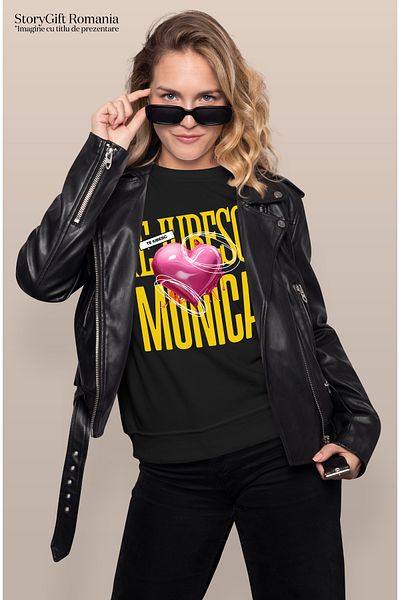 StoryGift Romania Tricou Femei Te Iubesc Monica, Dragoste, Inima, Iubire, Sfantul Valentin, Dragob Blk_l