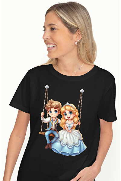 StoryGift Romania Tricou Femei Cu O Printesa Si Un Baiat Care Se Dau In Leagan, Veseli, Ilustratie Blk_l