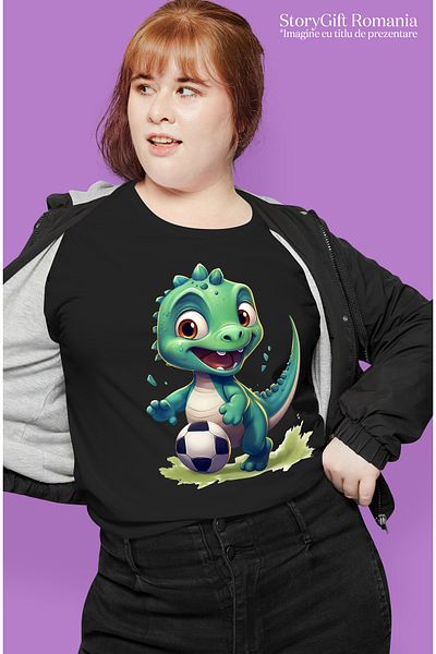 StoryGift Romania Women's T-shirt with a green dinosaur playing football, illustration, match, training BLK_L
